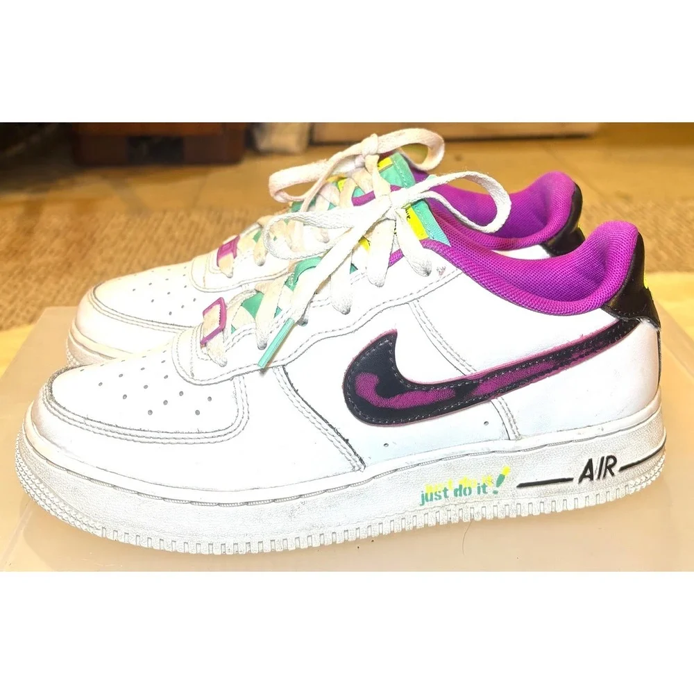 Nike Air Force 1 Low White Purple Teal Just Do It GS Sneakers CW1590-101